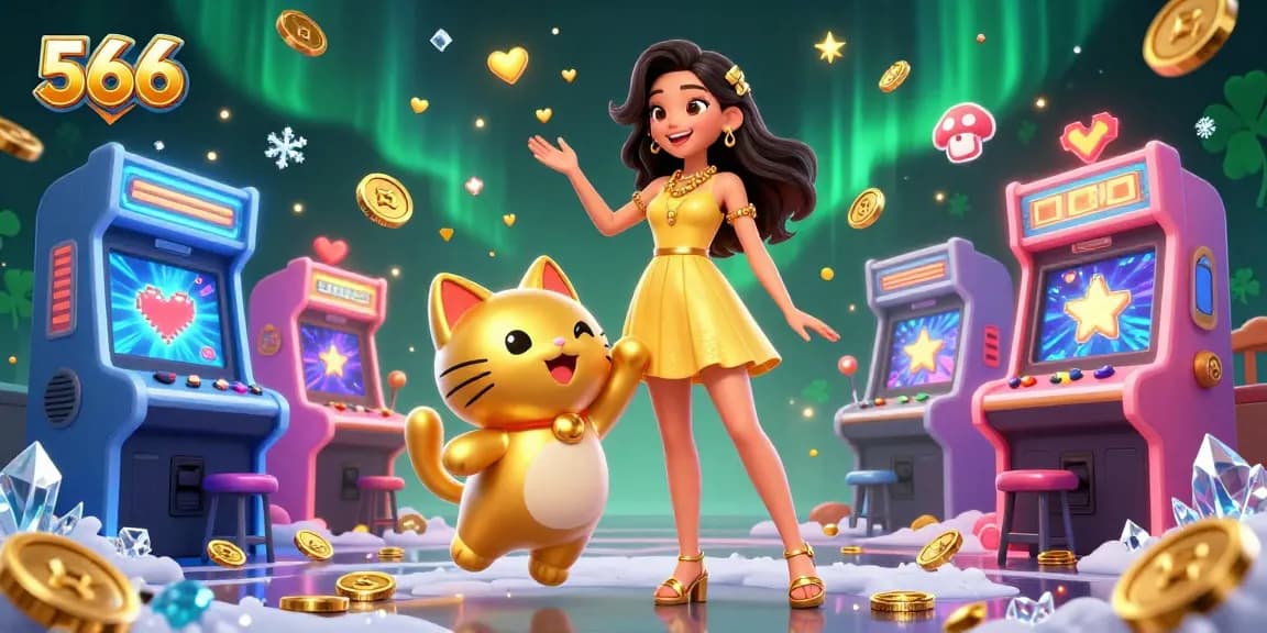 Engage in thrilling gameplay at 566 with a joyful Asian woman and her lucky cat mascot amidst vibrant casino elements.