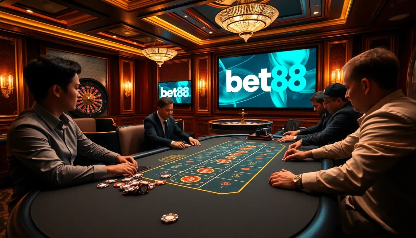 Bet88 players enjoying a thrilling blackjack game in a luxurious casino setting.