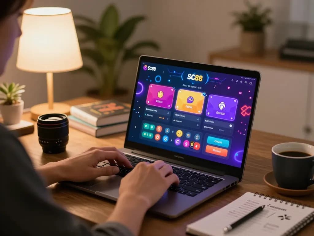 Engaging online gaming scene showing SC88 Link app on laptop, emphasizing strategic gaming at home