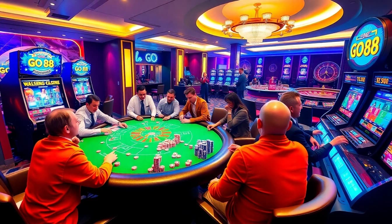Experience the thrill of GO 88 vibrant online gaming with poker tables and flashy slot machines.
