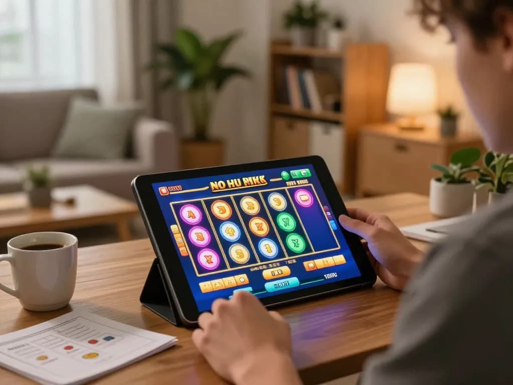 No hu player enjoying thrilling slot games on tablet in cozy home setting.