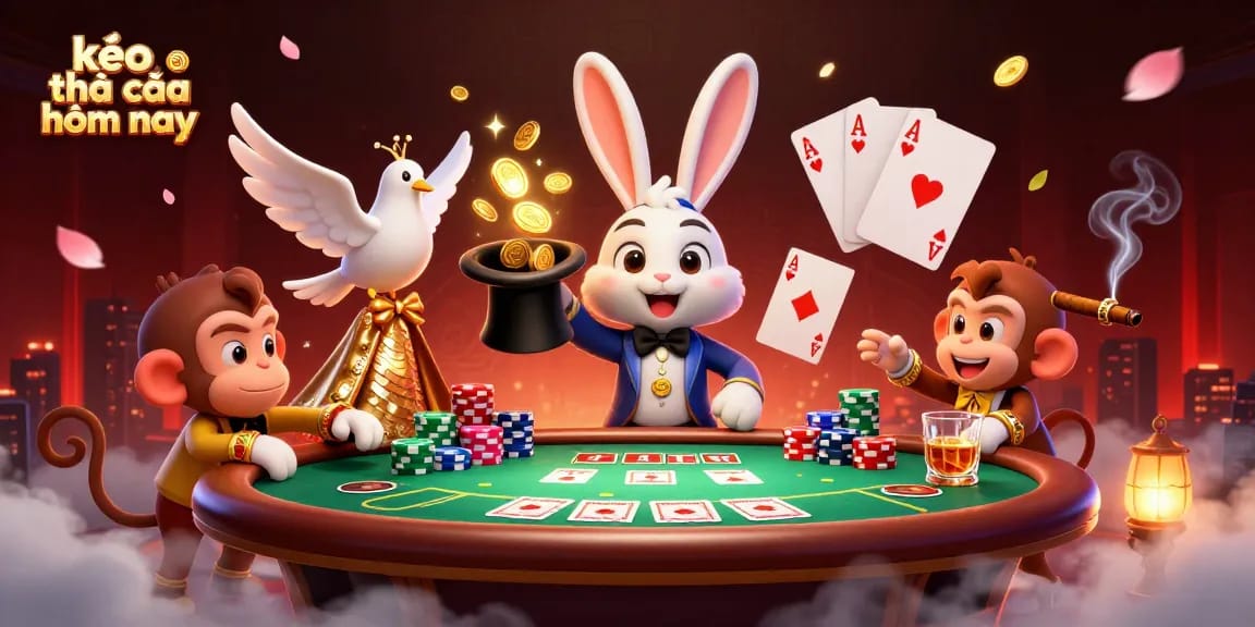 Engage in kèo nhà cái hôm nay with a vibrant scene featuring a magician, dove, and monkey at a poker table.