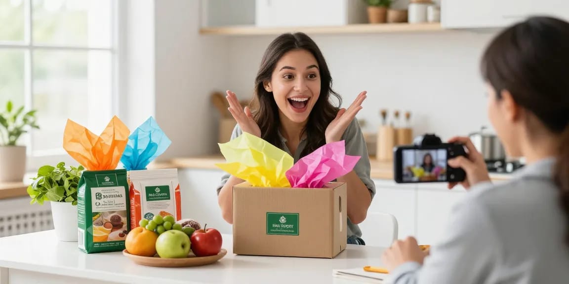 Unboxing Halal Grocery items online shopping experience with premium packaging, joyful customer, and vibrant products.