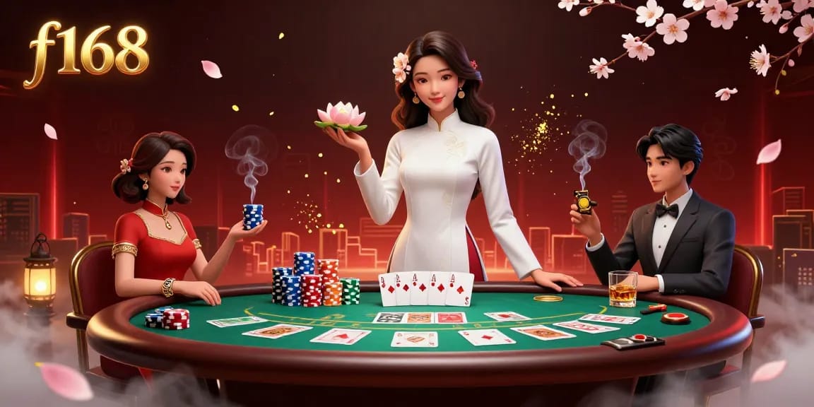 Engage in thrilling action with f168, showcasing a stunning casino scene featuring an elegant dealer amidst poker elements.