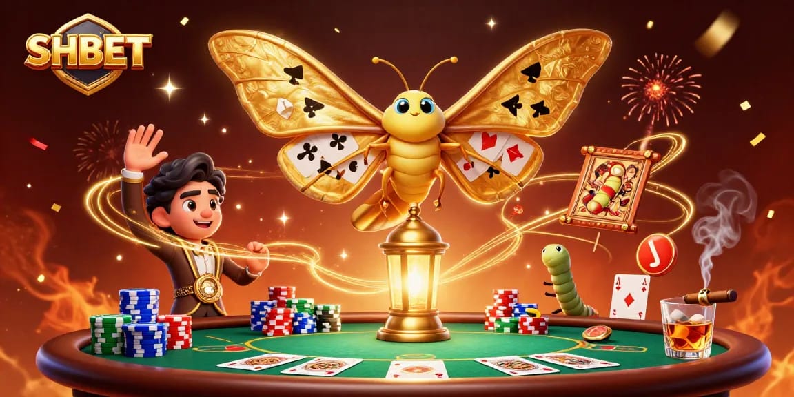 Engage with SHBET in a vibrant casino scene featuring an atlas moth and poker elements.