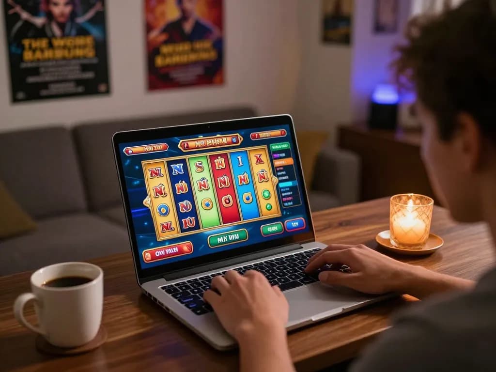Nổ hũ gameplay on a laptop in a cozy home setting with a warm atmosphere