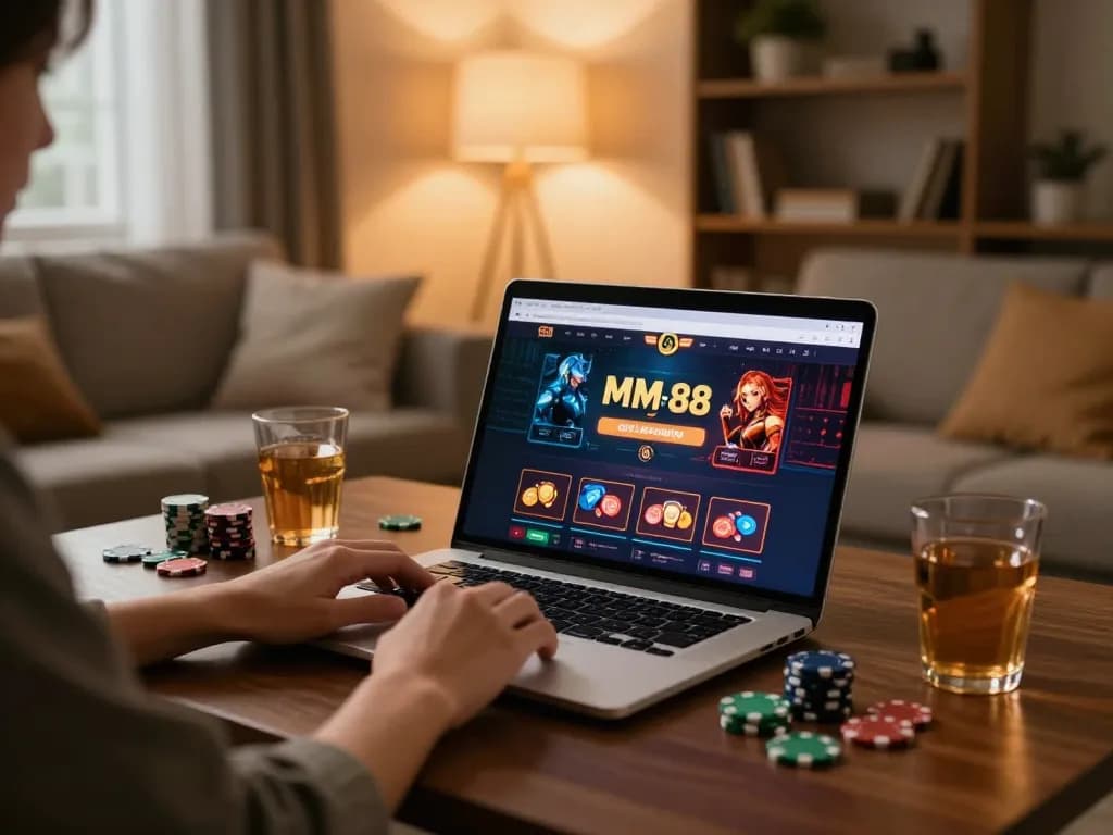 Person using MM 88 online casino on laptop at cozy home setup, emphasizing comfortable gameplay