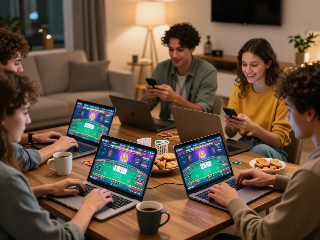 Sunwin online casino gaming session with friends enjoying poker on laptops and smartphones.