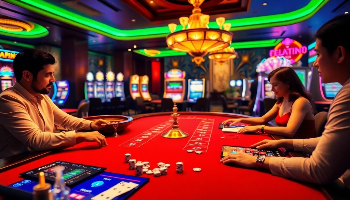 Players enjoying exciting games at EV88 online casino, showcasing luxury and thrill.