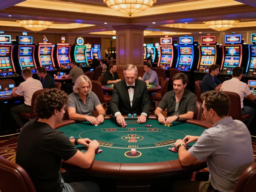 Experience the thrill of gambling at TG88 with players immersed in various games at a vibrant casino floor