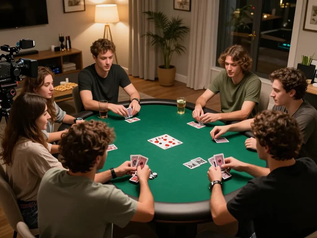 Action-packed scene of friends playing idn poker dominobet around a green felt table, showcasing dynamic gameplay.