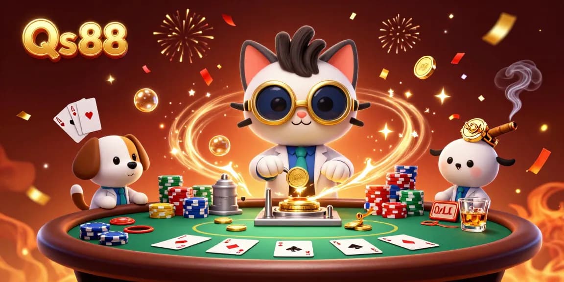 Engage in thrilling gaming with Qs 88 as a mad scientist cat creates endless gold coins amidst poker elements.