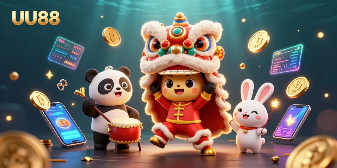 Experience the excitement of UU88 with a vibrant 3D scene featuring a lion dance, crypto coins, and fun characters.