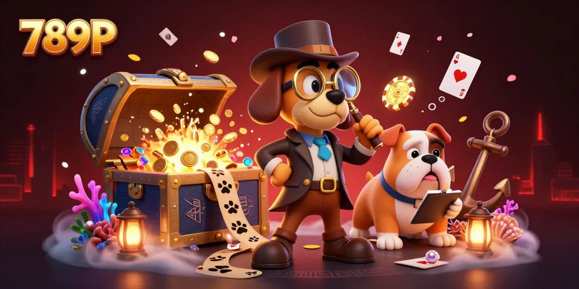 Engage with 789P in a vibrant 3D casino scene filled with gold coins, poker chips, and treasure clues.