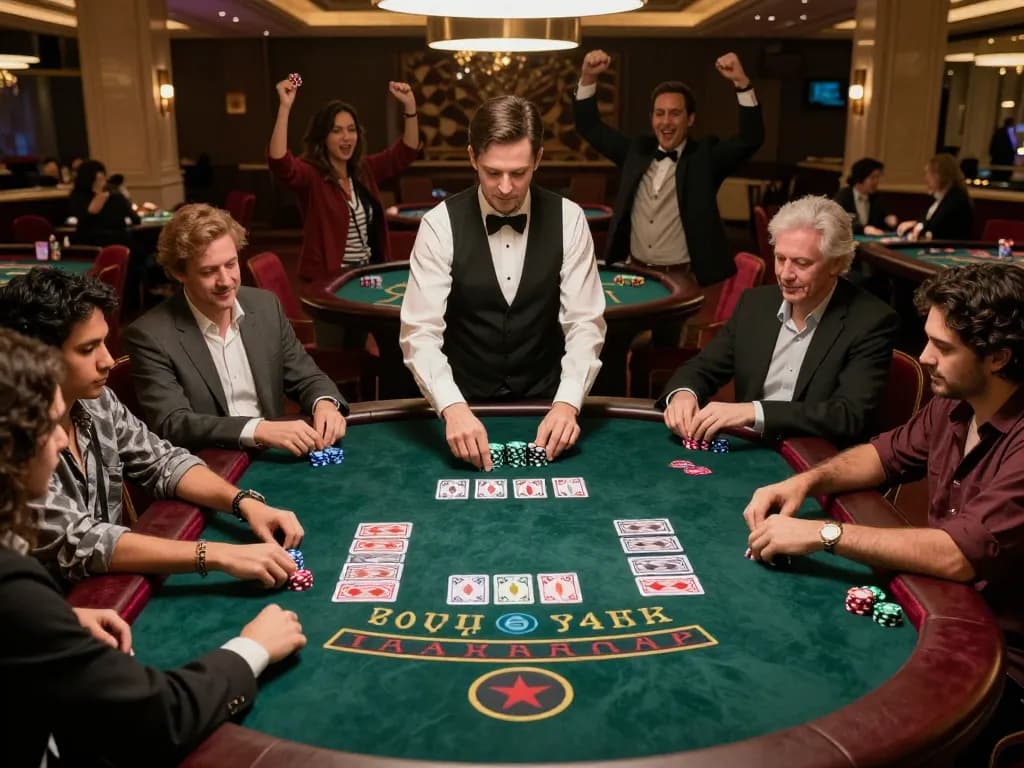 LUCKY88 blackjack players strategizing with dealer at a luxury casino