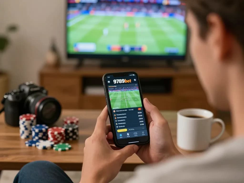 Engaging in live sports betting on 9789bet via smartphone in a cozy setting.