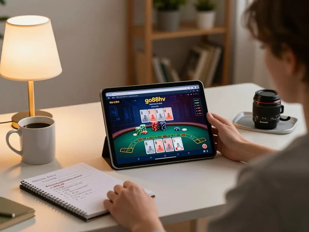 Engaging scene of online poker gameplay on go88hv tablet, showcasing strategy and relaxed gaming.