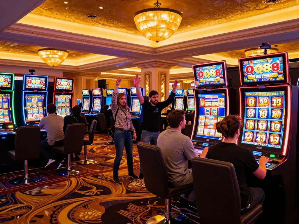 Celebrating a win on QQ88bet slots, showcasing vibrant casino atmosphere and excited players.