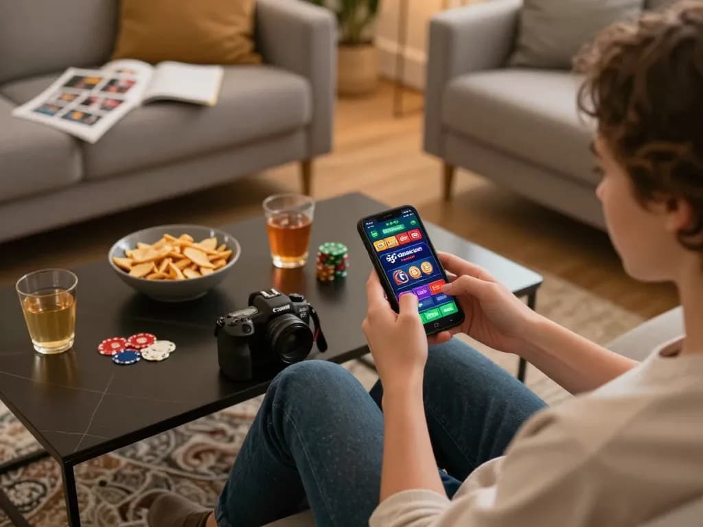 Engaging with the 789bet casino app on a smartphone during a cozy home gaming session.