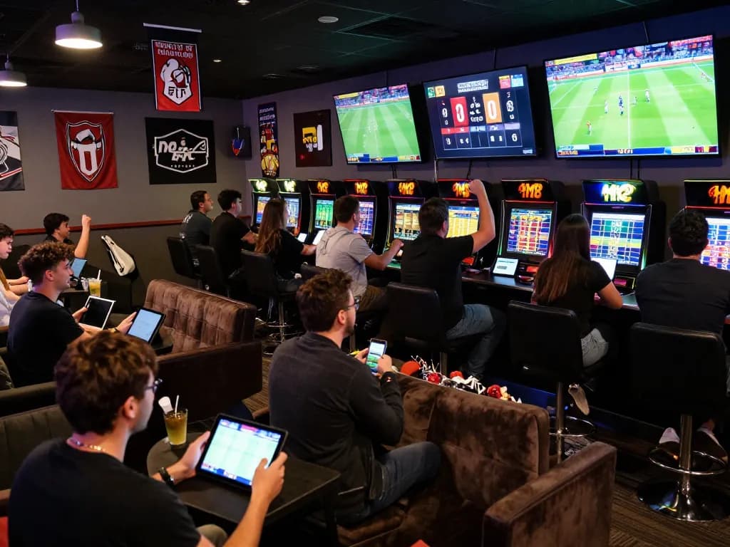 Betters enjoying live sports at MK8's sports betting lounge, analyzing odds and celebrating wins.