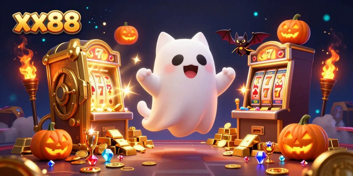 Experience thrilling slots and vibrant gameplay with xx88's enchanting ghost cat in a captivating casino.