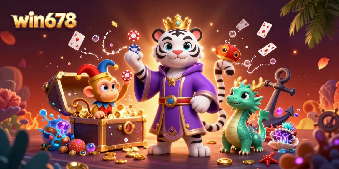 Win678 showcases a lively casino scene with vibrant characters and dynamic game elements.