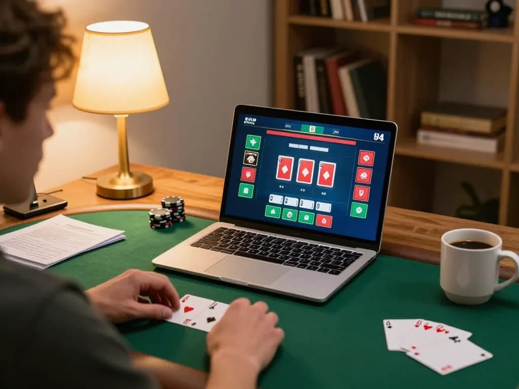 Player strategizing at home while engaging with kwin online poker game on laptop.