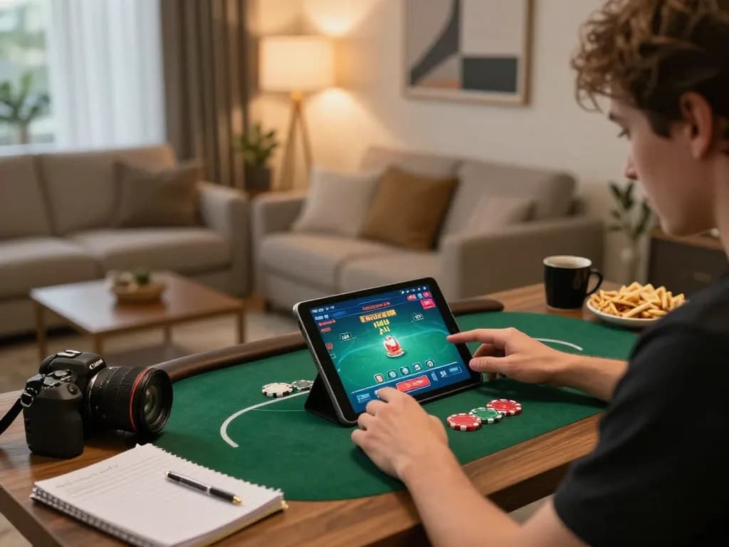 Player enjoying a poker game on 789clubb app at home, showcasing strategic gameplay in a cozy setting