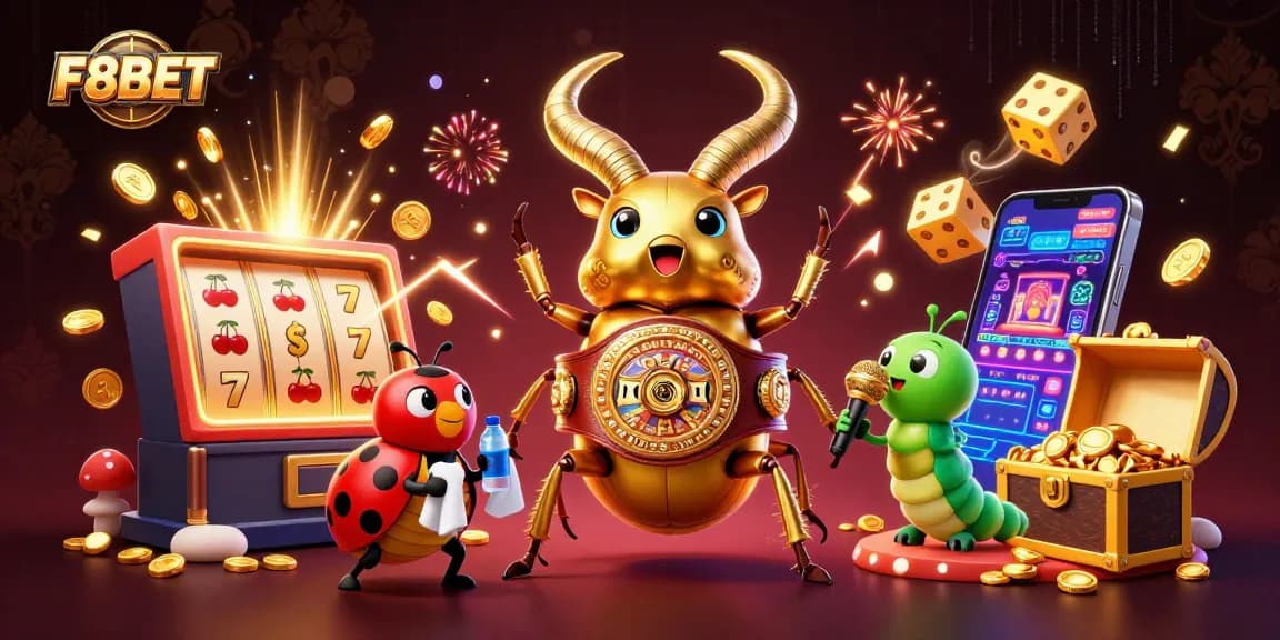 Engage with F8BET's vibrant casino world featuring a dynamic 3D scene of a stag beetle champion.