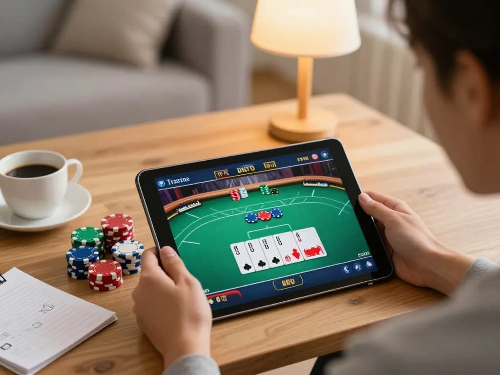 Engaged online poker gameplay at home with fabet tablet and strategy notes.