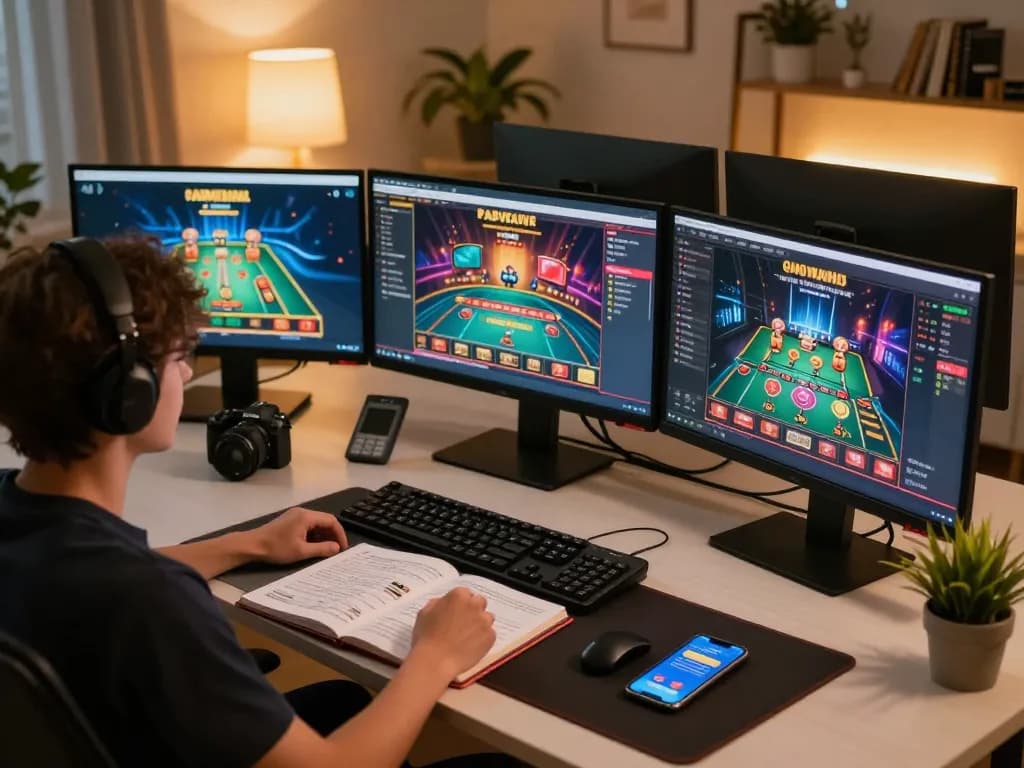 Enjoying go88vn online gaming with multiple screens and strategic notes in a stylish home office