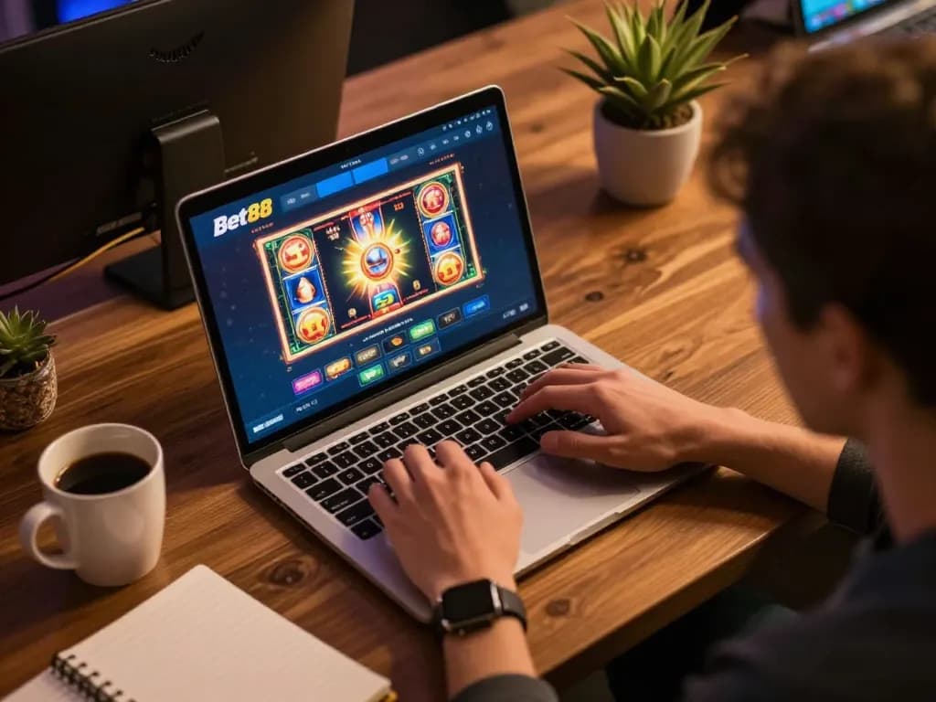 Player engaging with Bet88 online slot games, showcasing comfortable gaming environment and strategic mindset
