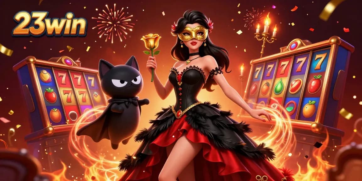 Experience thrilling wins with 23win's colorful casino illustration featuring engaging slot games.