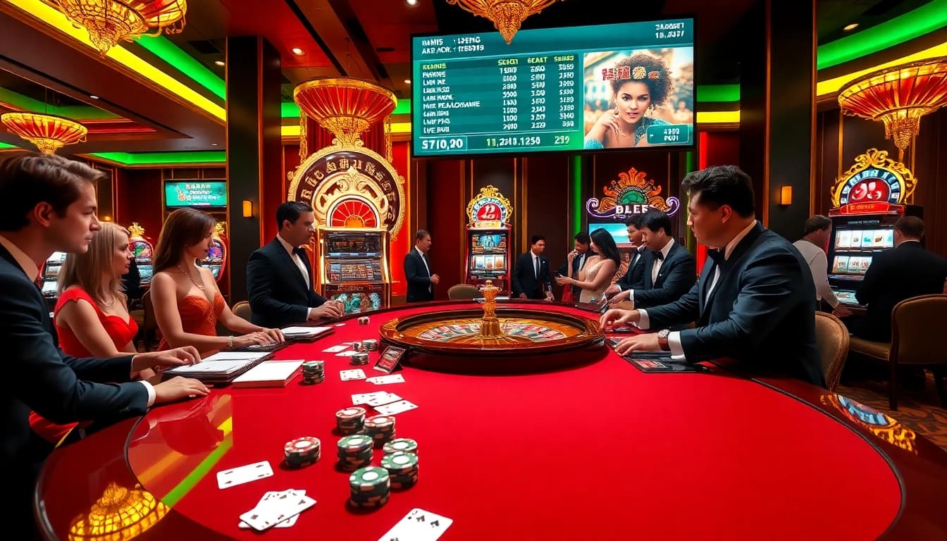 Engaged players enjoying high-stakes games at thabet com casino tables and vibrant slot machines.