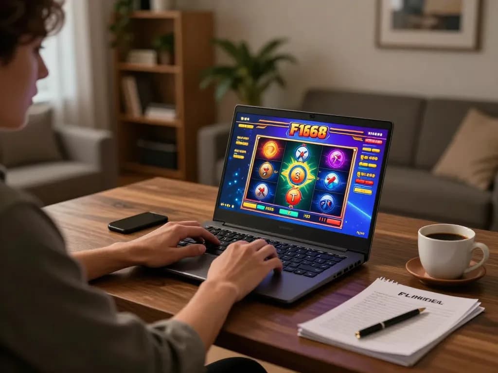 Person playing F168 online slot game on laptop in a cozy home setup