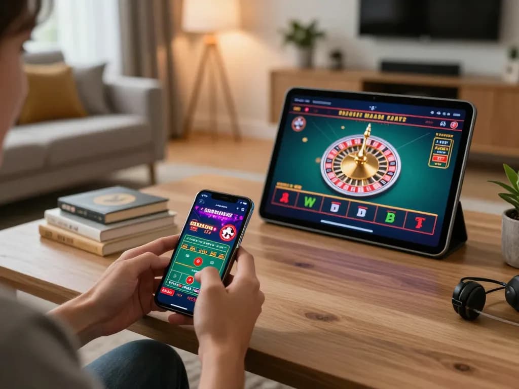 Engaging in online gambling with WALA88 on smartphone and tablet in a cozy home setup.