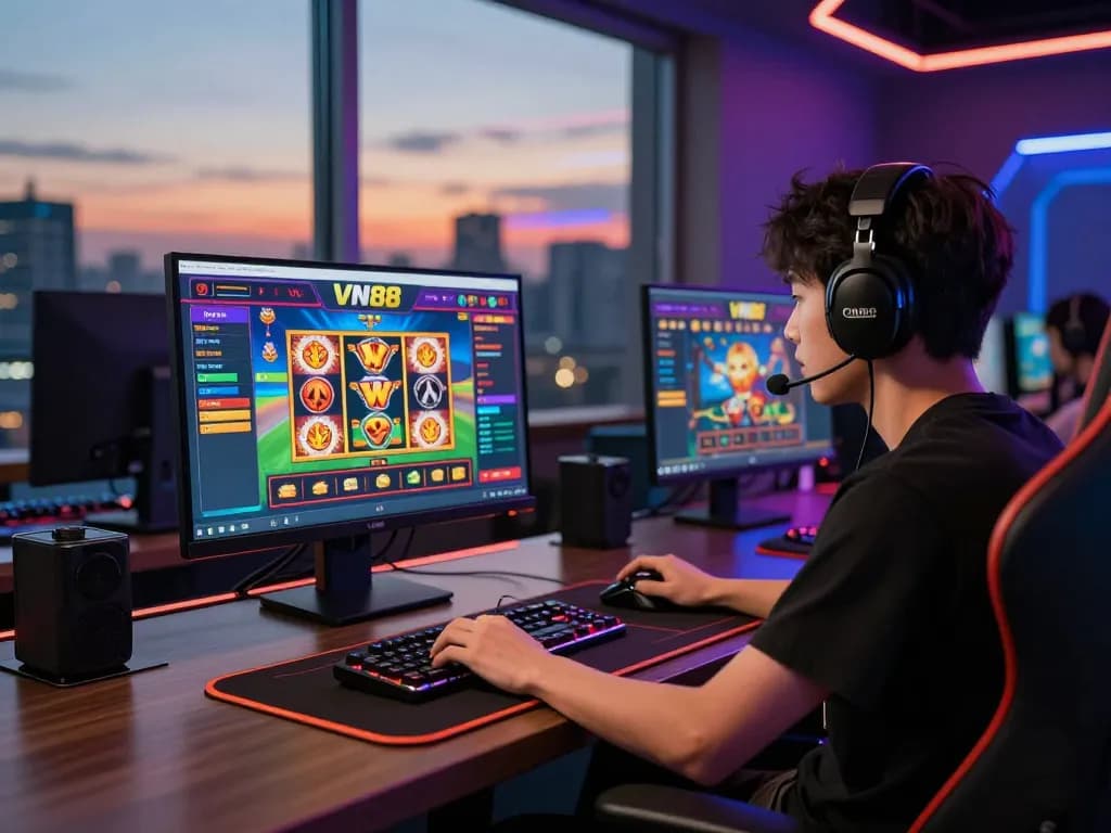 Exciting scene of a player engaging with the VN88 online gaming platform at a modern gaming desk.
