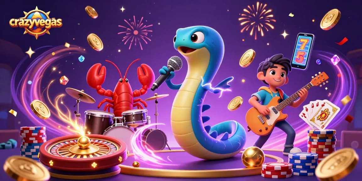 Watch the electric eel DJ at crazyvegas while colorful poker chips and golden coins fly around in a vibrant casino atmosphere.