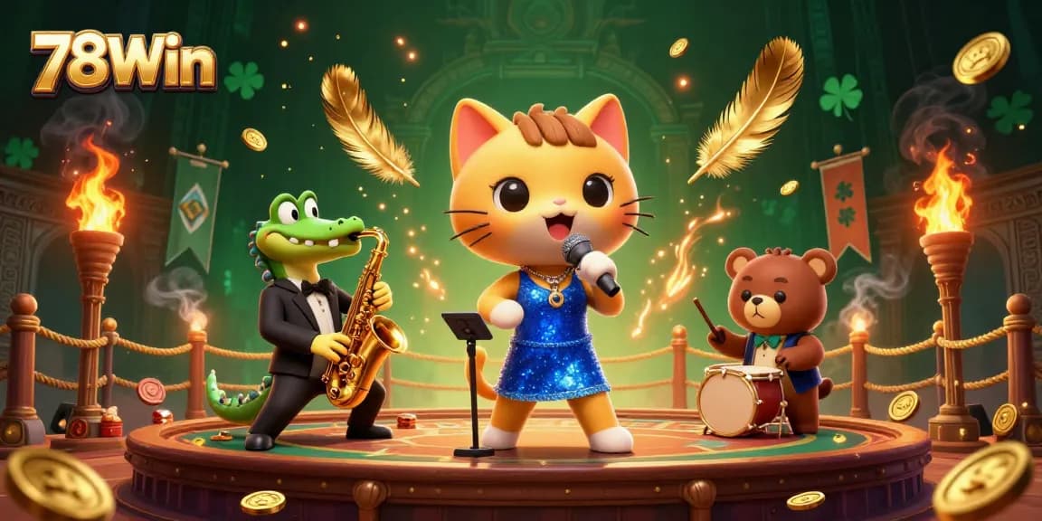 Experience thrilling moments at 78Win's colorful casino stage with a jazz-singer cat and energetic companions.