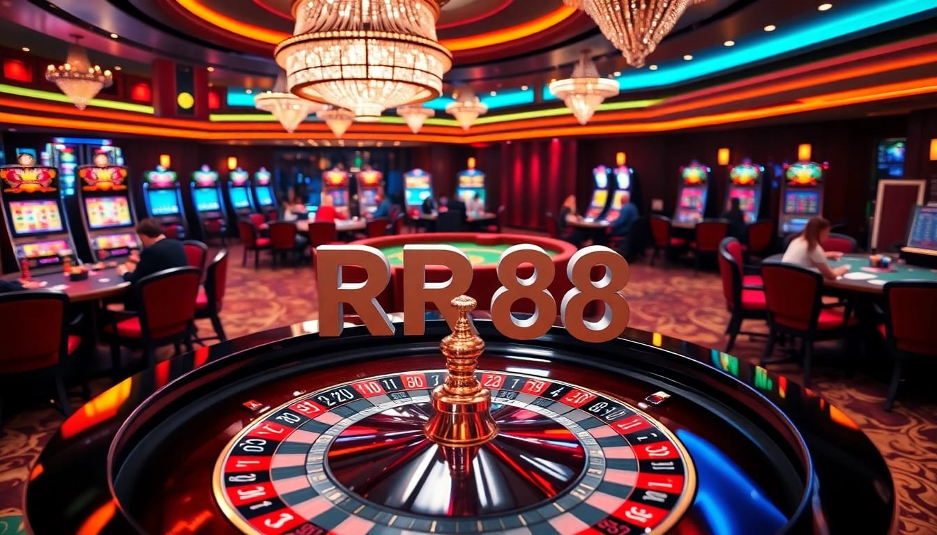 Experience the thrill of RR88 at an upscale casino with poker chips and roulette tables.