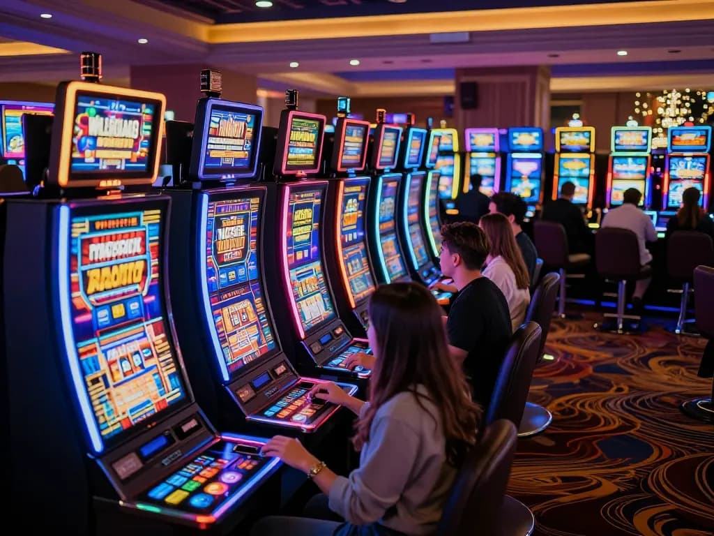88xx players enjoying vibrant slot machines celebrating wins in a luxurious casino.