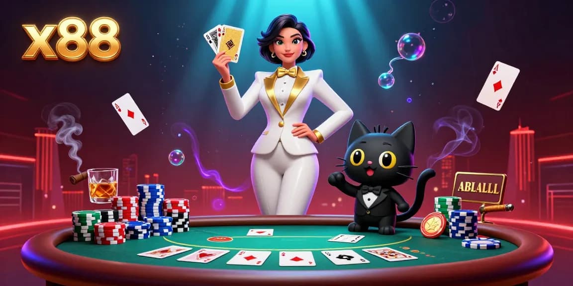 x88 players enjoy a thrilling poker game with glamorous visuals and vibrant atmosphere.