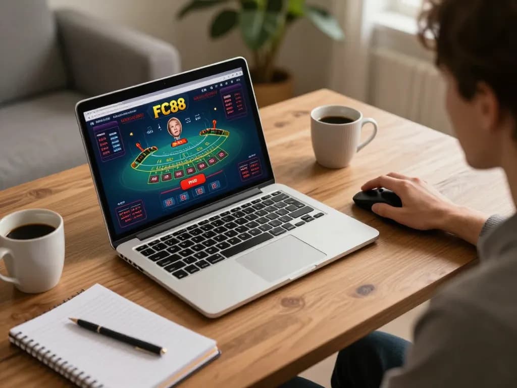 Engaging moment with FC88 online casino gaming, poised to place a bet at a desktop setup.
