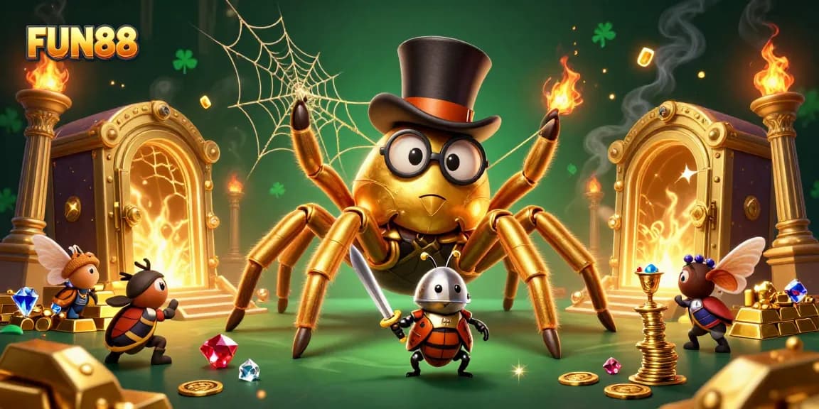 Experience the excitement of FUN88 with a dynamic casino-themed 3D illustration featuring a golden tarantula and beetle knight.
