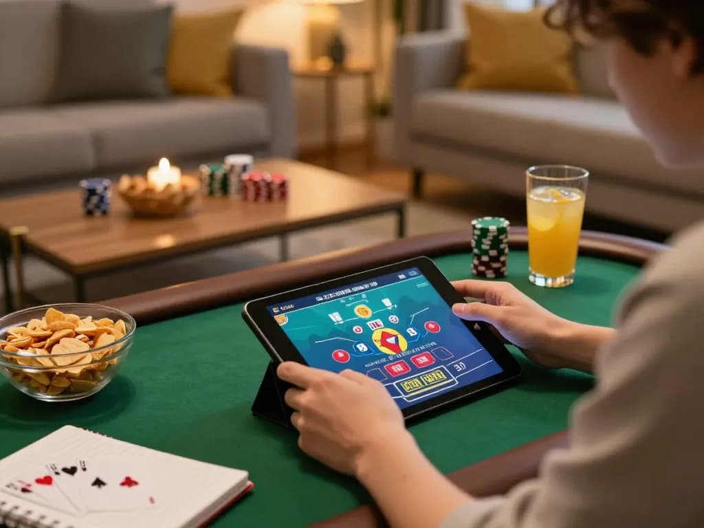 vin88 player enjoying a poker game on tablet in cozy living room