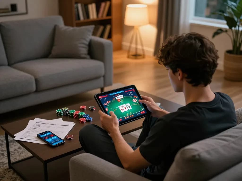 Engaged user exploring poker gameplay with https://go88hv.com/ on tablet in a cozy home environment.