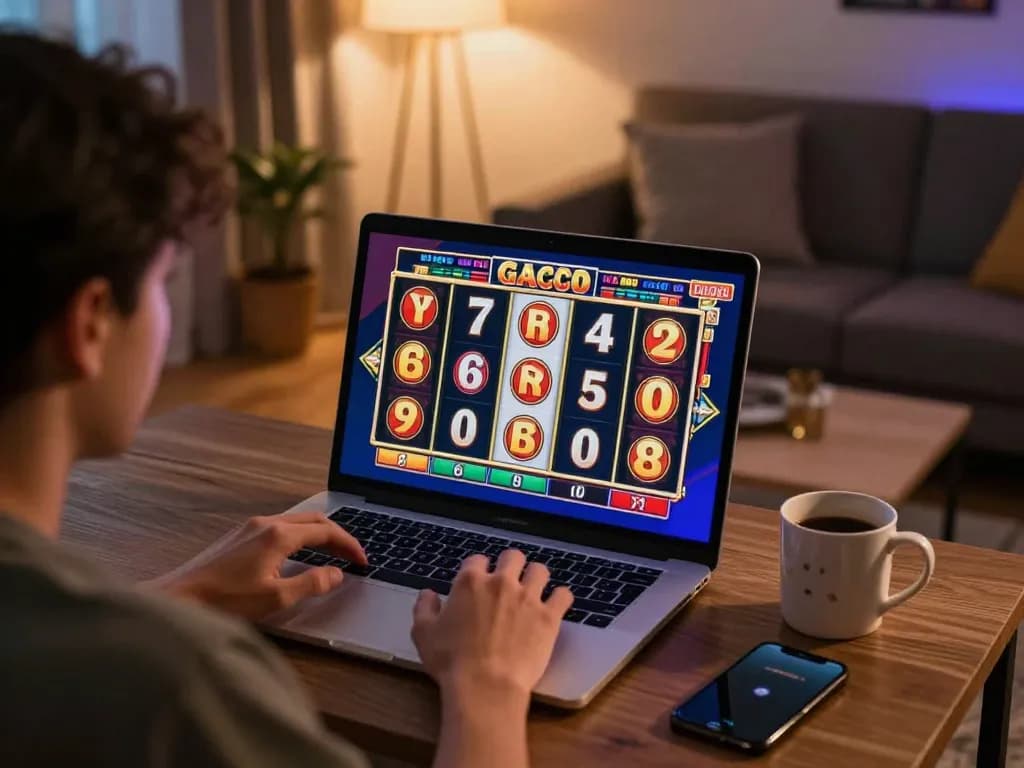 Player enjoys an exciting slot gacor session at home, showcasing engaging gameplay on a laptop