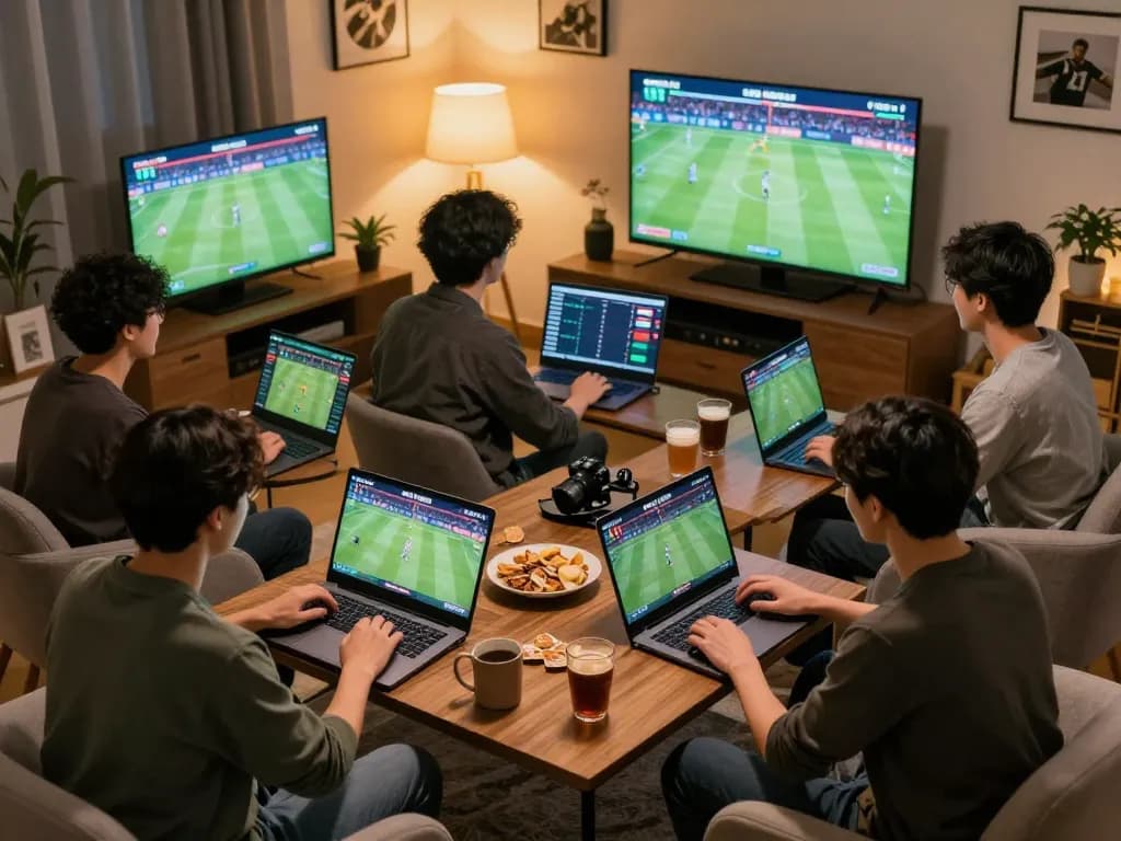 Engaged player using fly88 for online sports betting in a cozy living room setting with multiple screens.