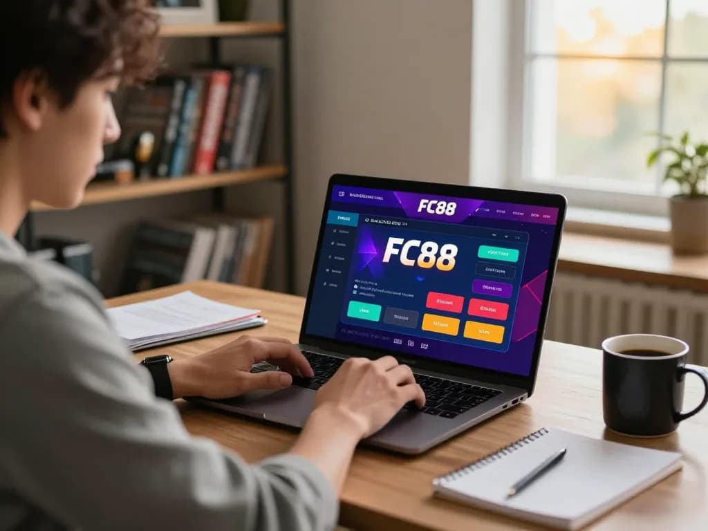 Player engaging with Nhà cái FC88 online casino interface at home, focused on betting strategies.