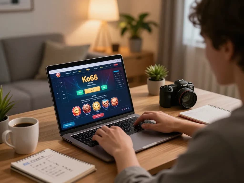 Player engaging with Ko66 online casino interface at home, focusing on strategic gaming.